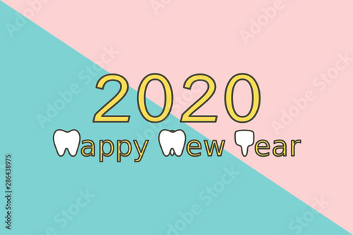 Happy New Year 2020, tooth with number - dental cartoon vector flat style