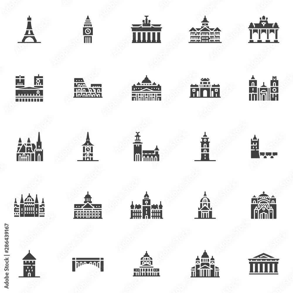 European cities landmarks vector icons set, modern solid symbol collection, filled style pictogram pack. Signs, logo illustration. Set includes icons as Eiffel tower, Big Ben Clock-tower, Brandenburg European cities landmarks vector icons set, modern solid symbol collection, filled style pictogram pack. Signs, logo illustration. Set includes icons as Eiffel tower, Big Ben Clock-tower, Brandenburg