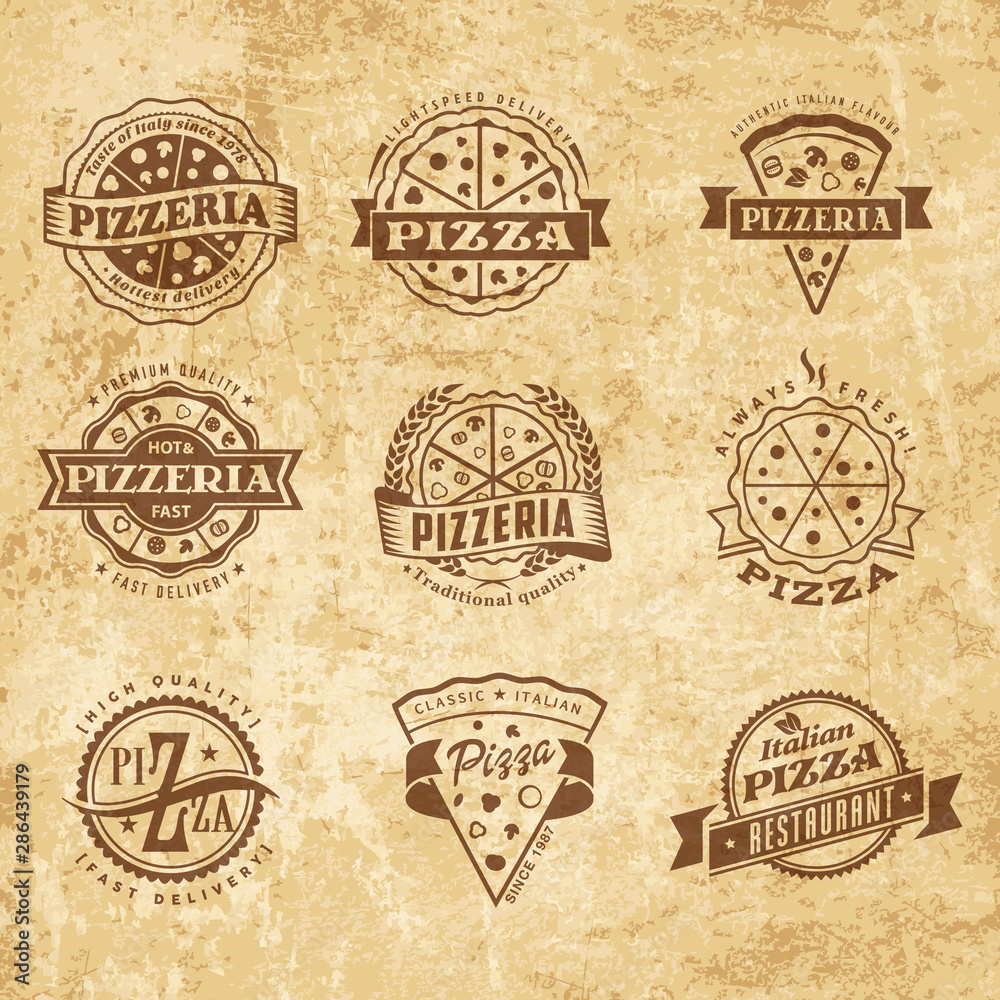 Vector pizzeria simple flat pizza logo set on vintage paper background