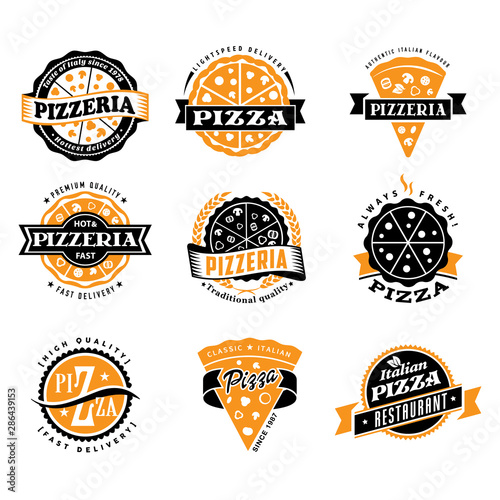 Vector pizzeria simple flat pizza logo set 