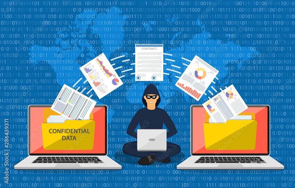 Data phishing, hacker attack.Thief hacker in mask stealing personal