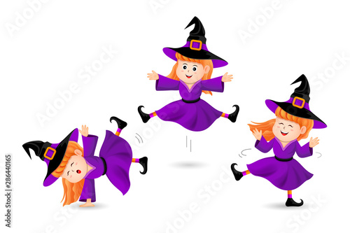 Cute little witch three acts. Halloween characters design. Happy Halloween concept. Illustration isolated on white background.