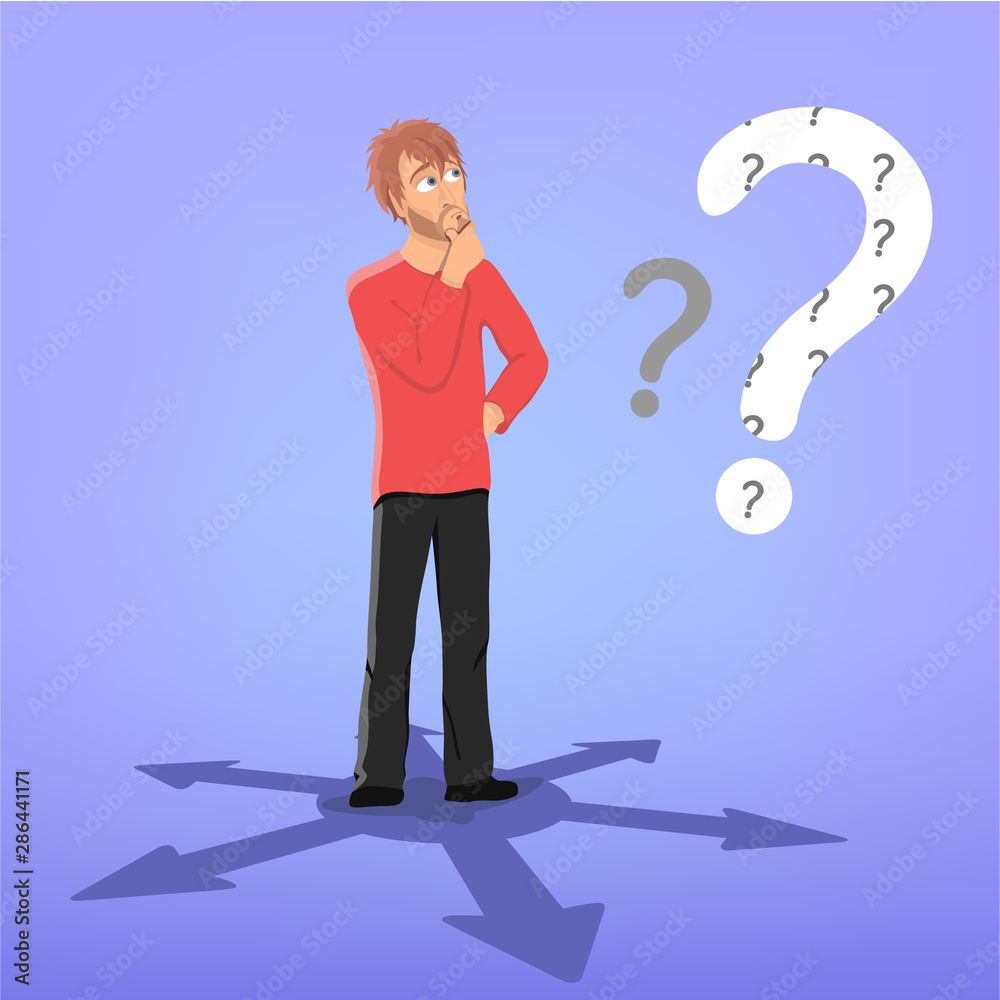Confused man unable to make up his mind or reach a decision standing with hand to mouth looking up at a large question mark over blue with multi-directional arrows at his feet, vector illustration