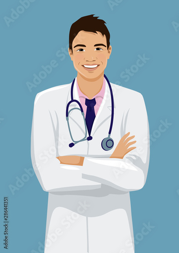 Smiling young doctor. Handsome Asian man wearing a lab coat stands with crossed arms. Vector illustration