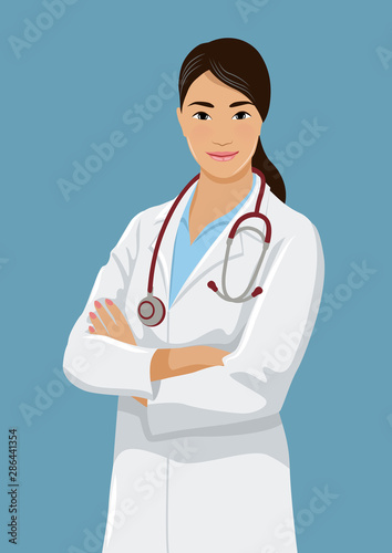 Smiling young female doctor. Cute Asian woman wearing a lab coat stands with crossed arms. Vector illustration