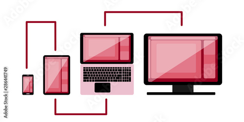 Cross-platform web content. Devices - smartphone, tablet, laptop and desktop computer with open web pages in a browser and a place for text. Flat vector illustration. Multi-platform content