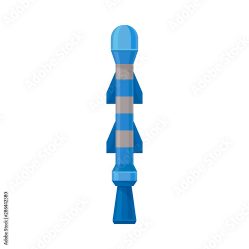Blue missile with gray stripes. Vector illustration on a white background.