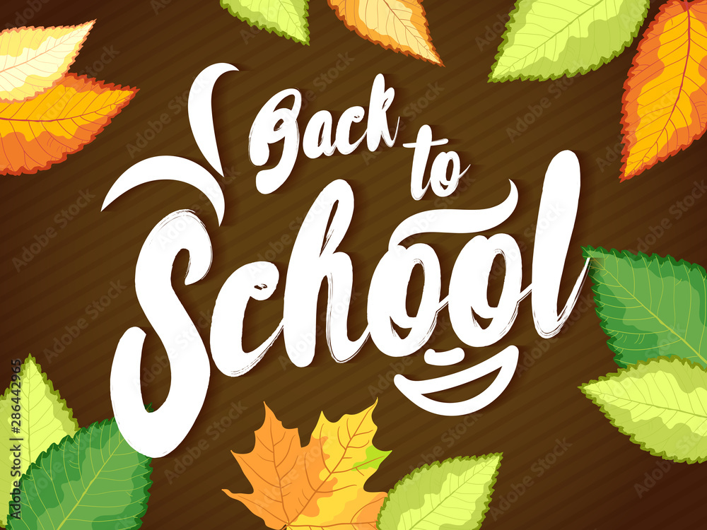 White lettering Back to school on brown striped background with autumn leaves. Vector illustration