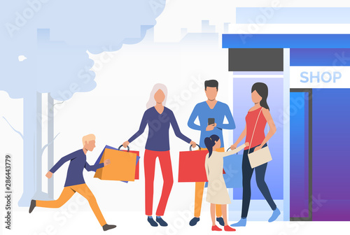 Family shopping together. Parents, children, nurturing. Family concept. Vector illustration for webpage, landing page