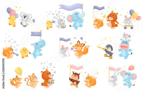 Set of different cartoon animals with musical instruments at the parade. Vector illustration on a white background.