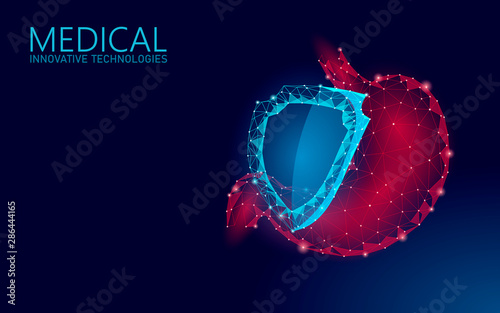 Human stomach 3d protection shield medicine low poly concept. Triangle red pharmacy drugstore background. Supplement recovery reconstruction vector illustration