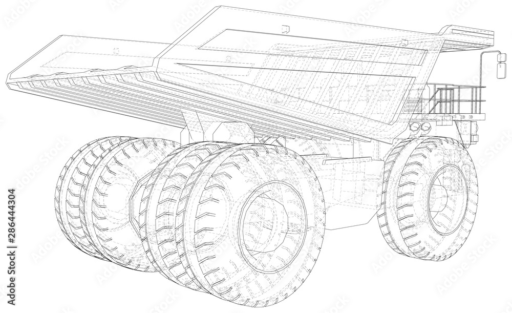 Dump truck isolated. Vector rendering of 3d. Wire-frame style. The layers of visible and invisible lines are separated.