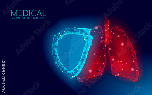 Human lungs 3d protection shield medicine low poly concept. Triangle red pharmacy drugstore background. Supplement recovery reconstruction vector illustration