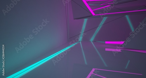 Abstract architectural drawing white interior of a minimalist house with color gradient neon lighting. 3D illustration and rendering.