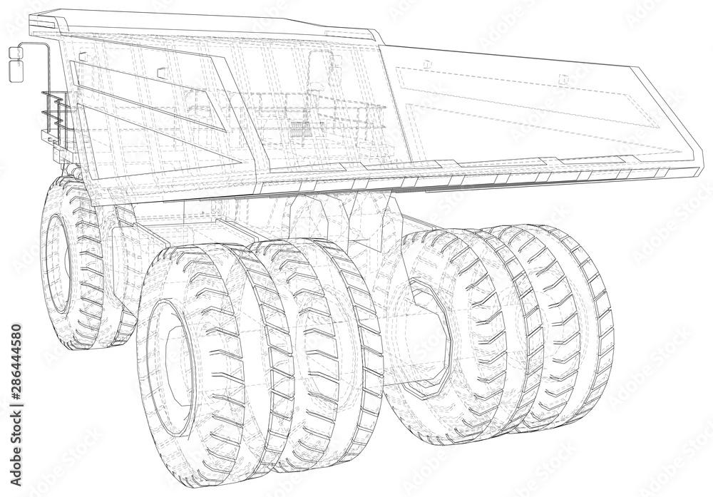 Large haul truck isolated on white background. Wire-frame style. The