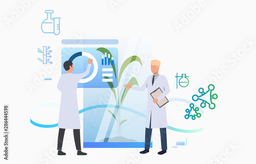 Scientists conducting pharmaceutical research. Science laboratory, clinical lab, experiments. Research concept. Vector illustration for webpage, landing page