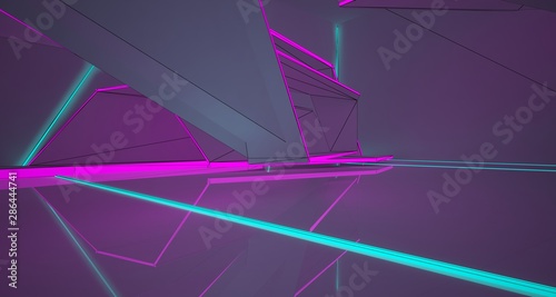 Abstract architectural drawing white interior of a minimalist house with color gradient neon lighting. 3D illustration and rendering.