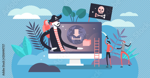 Online piracy vector illustration. Flat tiny illegal hacker persons concept photo