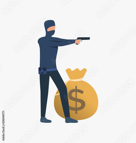 Thief holding gun. Car burglary, thieves, criminals wearing black clothes. Crime concept. Vector illustration for webpage, landing page