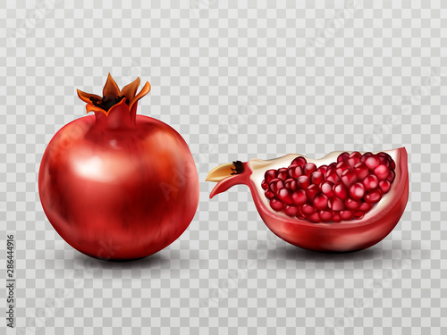 Pomegranate whole and quarter slice with seeds set isolated on transparent background, ripe garnet tropical fruit design element for natural juice advertising Realistic 3d vector illustration clip art