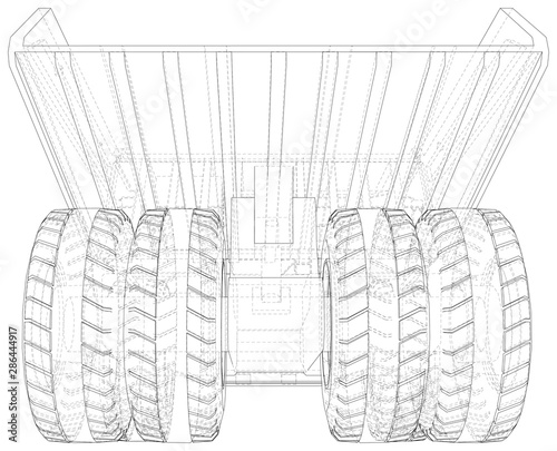 Dump truck isolated. Vector rendering of 3d. Wire-frame style. The layers of visible and invisible lines are separated.
