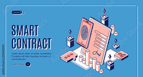 Smart contract isometric web banner, blockchain cryptocurrency etherium, e-signature on document at mobile screen, digital secured fingerprint internet technology. 3d vector landing page, line art