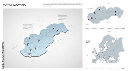 Vector set of Slovakia country. Isometric 3d map, Slovakia map, Europe map - with region, state names and city names.
