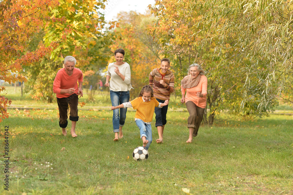 Obraz premium Portrait of big happy family playing football in park