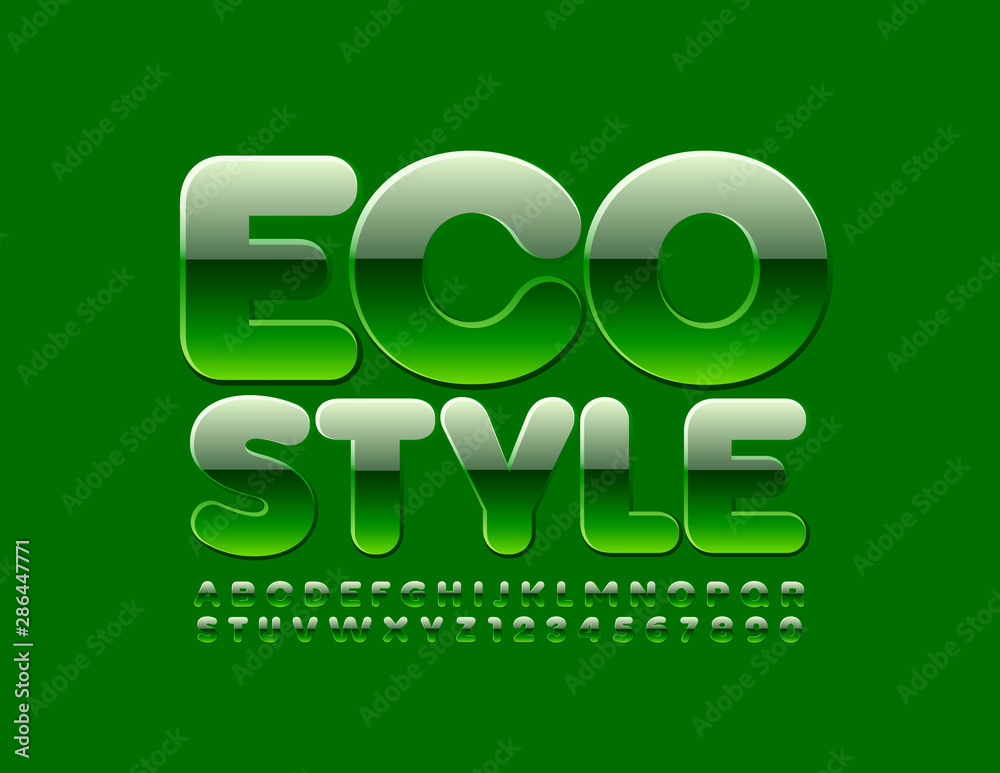 Vector glossy Emblem Eco Style. Bright Green Font. Stylish Alphabet Letters and Numbers. Vector glossy Emblem Eco Style. Bright Green Font. Stylish Alphabet Letters and Numbers.