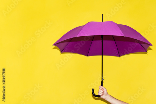 A man holds in his hand a purple umbrella on a background of yellow-lime wall. The concept of autumn, business, protection.