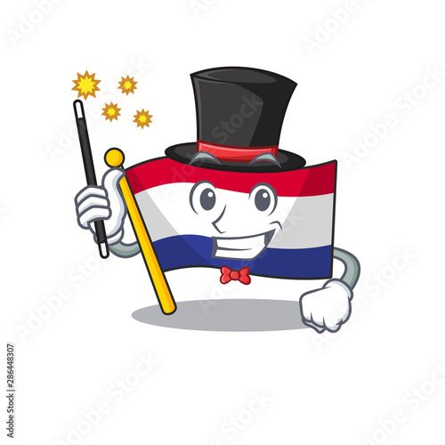 Magician netherlands flag above wooden cartoon table