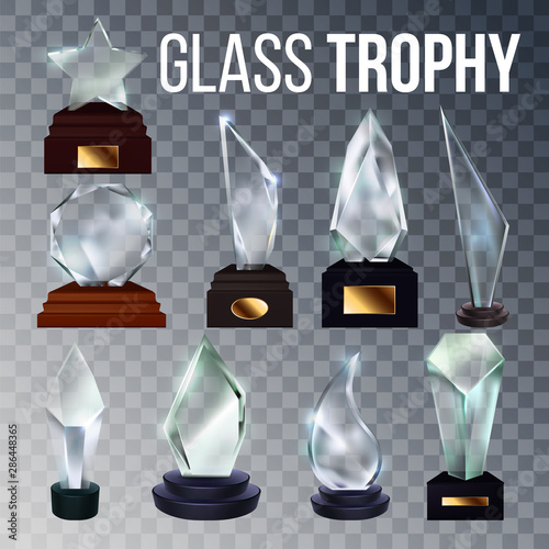 Different Form Collection Glass Trophy Set Vector. Glossy Award Trophy On Wooden And Plastic Stand With Blank Golden Nameplate. Reward For First Place Championship Template Realistic 3d Illustrations