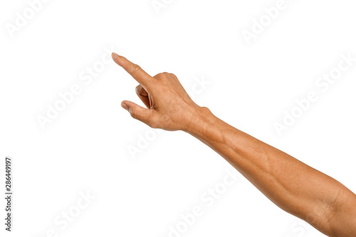 Man hand pointing on white background. photo