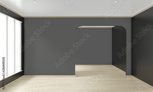 Empty room dark wall on floor wooden interior design.3D rendering