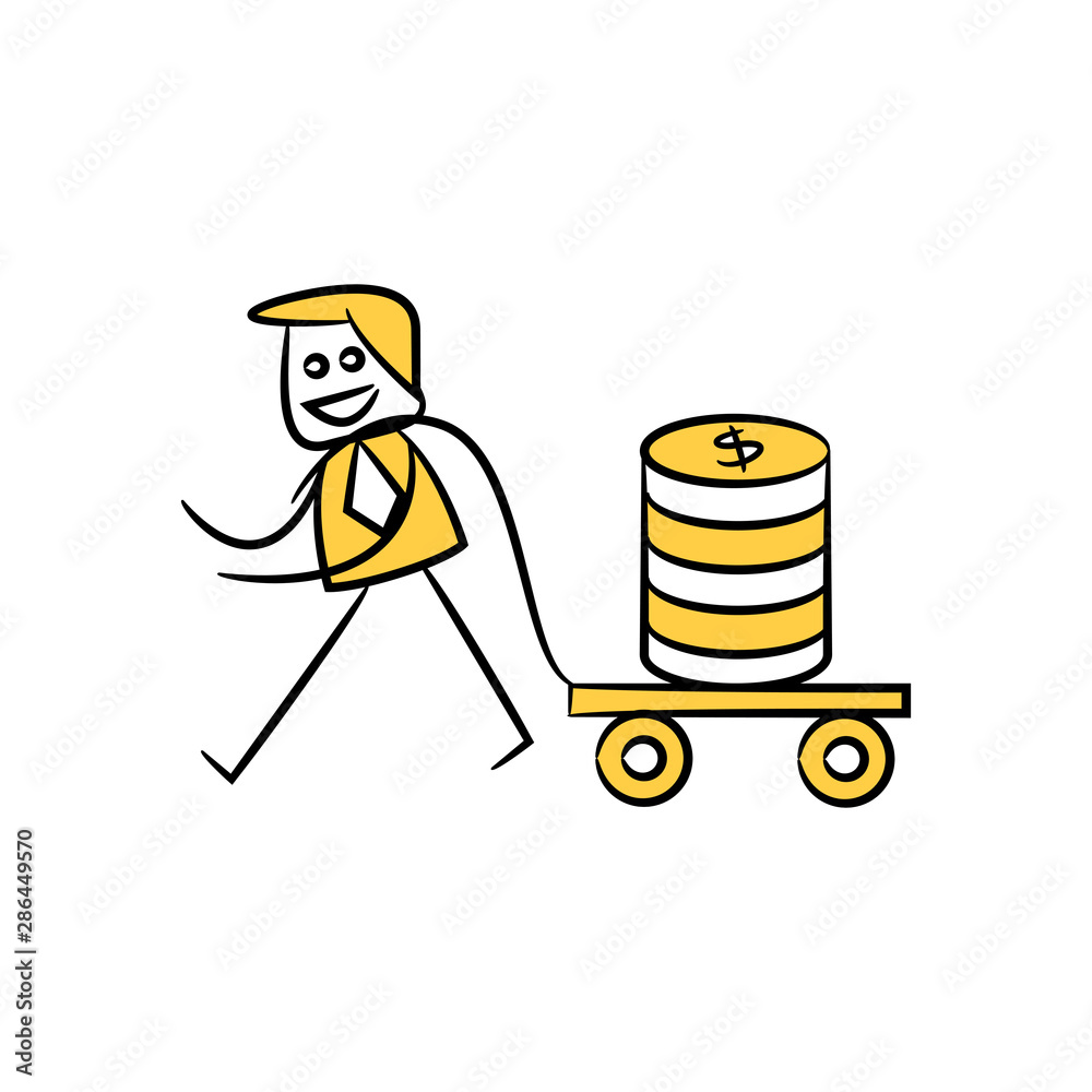 businessman pulling trolley with stack of money,finance concept stick figure design
