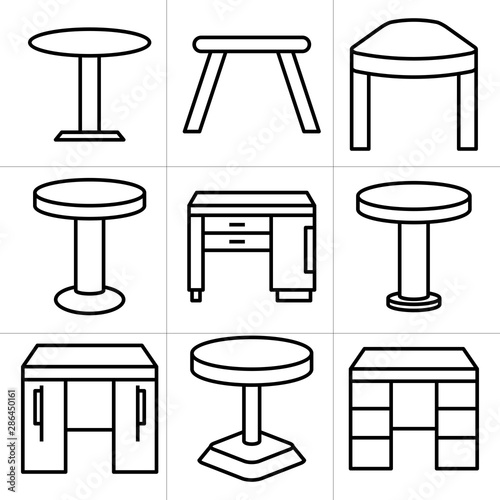 desk, table and chair icons set, line design