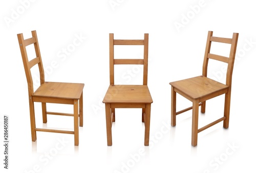 Set of wooden chairs isolated on white background