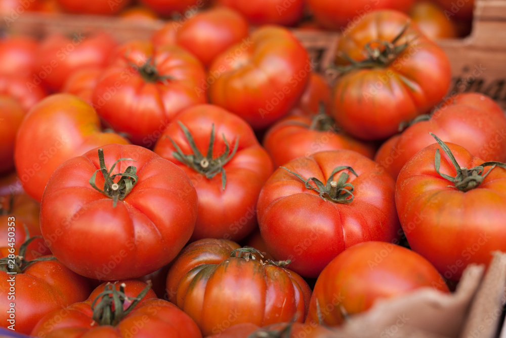 fresh tomatoes on branch in wicker baskets on counter fresh tomatoes on branch in wicker baskets on counter