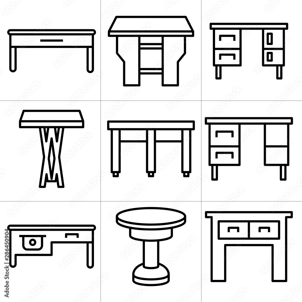 desk, table and chair icons set, line design desk, table and chair icons set, line design