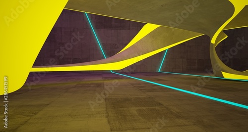 Abstract architectural concrete smooth interior of a minimalist house with color gradient neon lighting. 3D illustration and rendering.