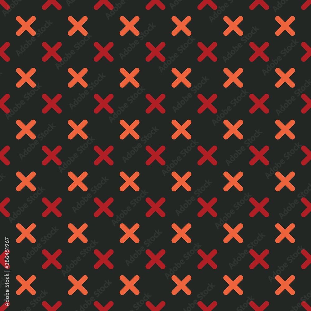 Red,orange geometric cross sign seamless pattern with black background Red,orange geometric cross sign seamless pattern with black background