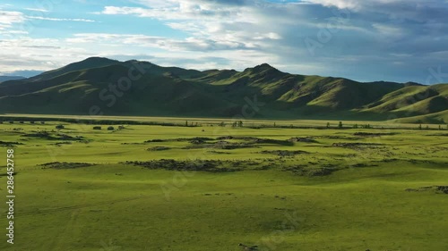 Aerial view of steppe and mountains landscape in Orkhon valley, Mongolia, 4k photo