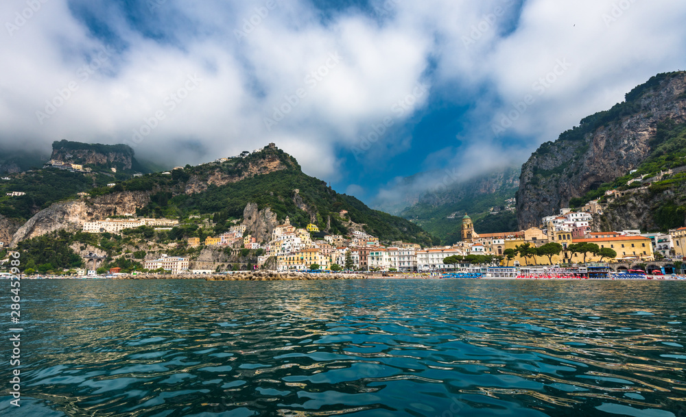 Panoramic view of Amalfi, small town on Amalfi Coast in Campania, Italy