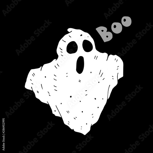Cute little caricature ghost with the inscription on a neutral background. holiday theme. Halloween. vector illustration. 