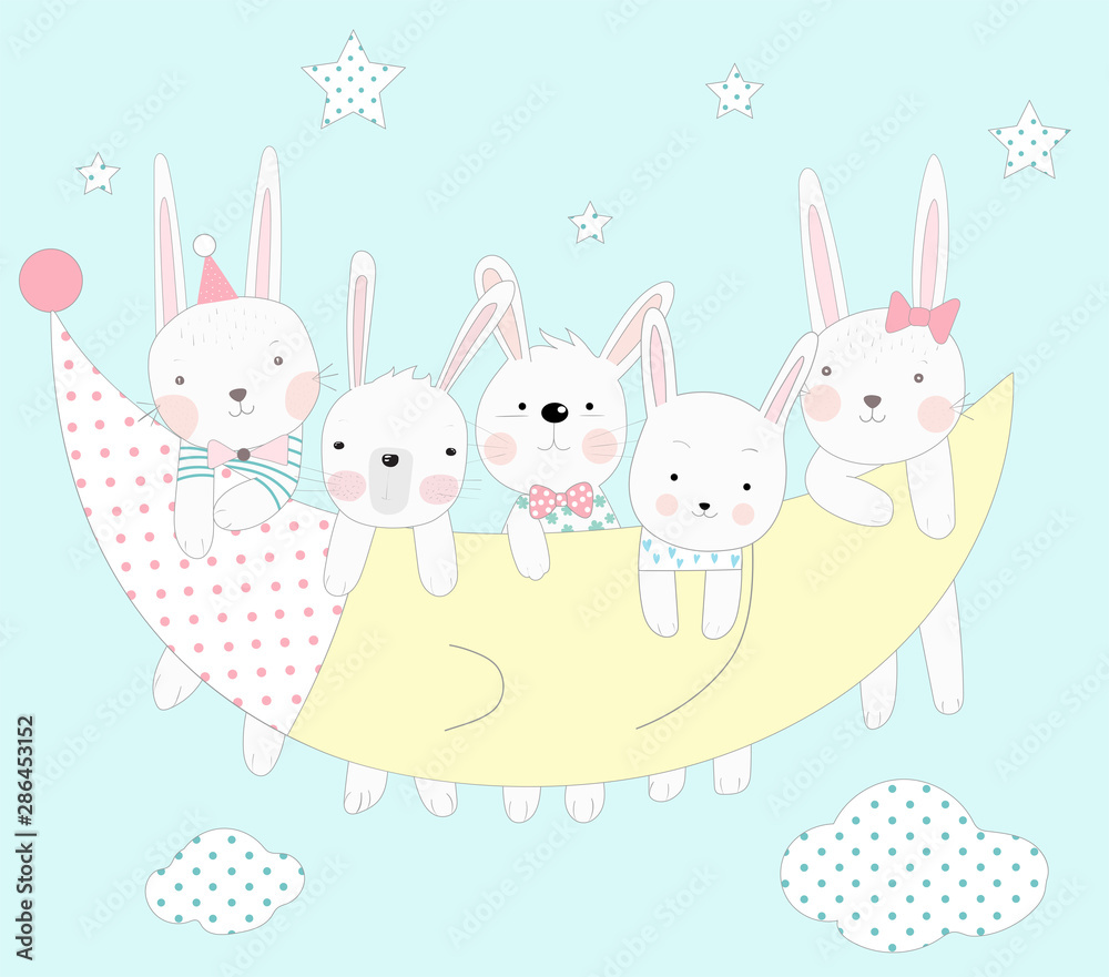 Cute vector illustration of baby rabbit with the moon. Hand drawn cartoon style Cute vector illustration of baby rabbit with the moon. Hand drawn cartoon style