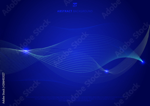 Abstract blue curve particles glowing on dark blue background technology style.
