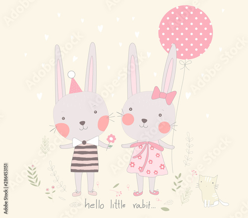 Cute vector illustration of baby rabbit sweetheart with balloon cartoon. Hand drawn cartoon style