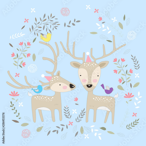 Cute vector illustration of baby deer with flower. Hand drawn cartoon style
