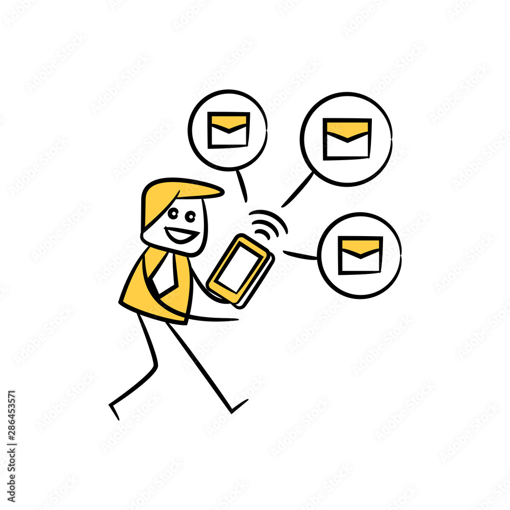 businessman using mobile phone sending and sharing email yellow stick figure design