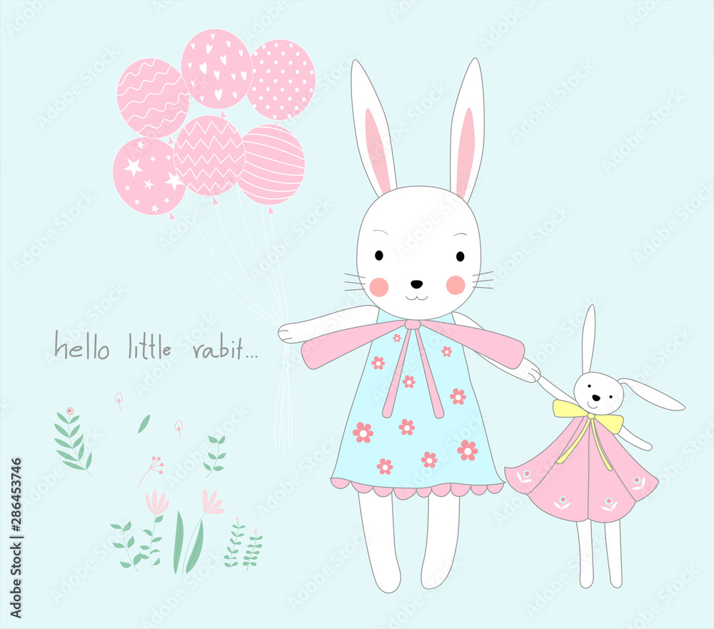 Cute vector illustration of baby rabbit with balloons. cartoon sketch animal style.